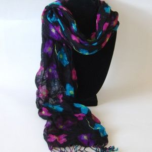 Black Flower Scarf Open Weave Pink Blue Purple